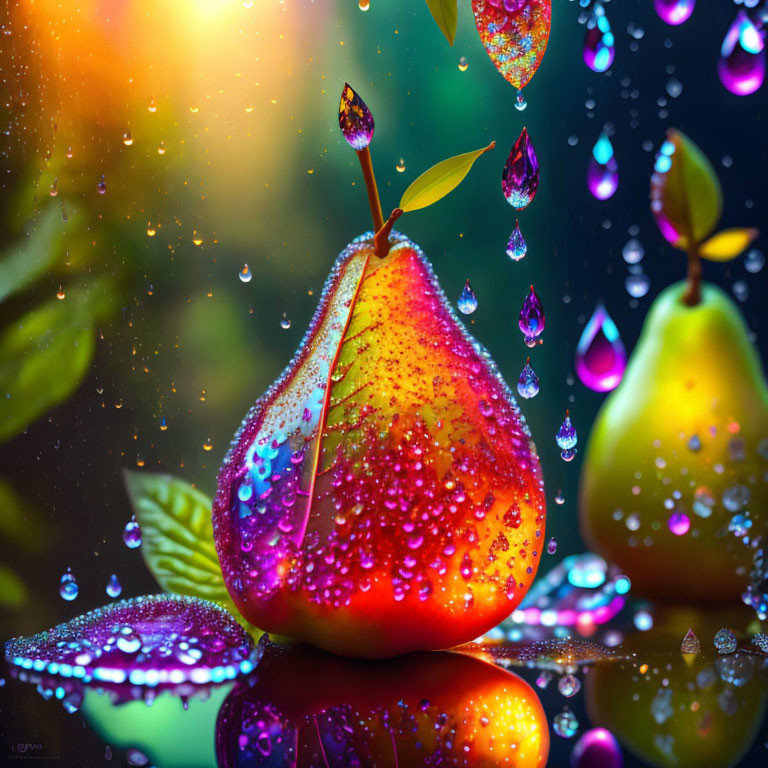 Vibrant dew-covered pear with water droplets on colorful bokeh background