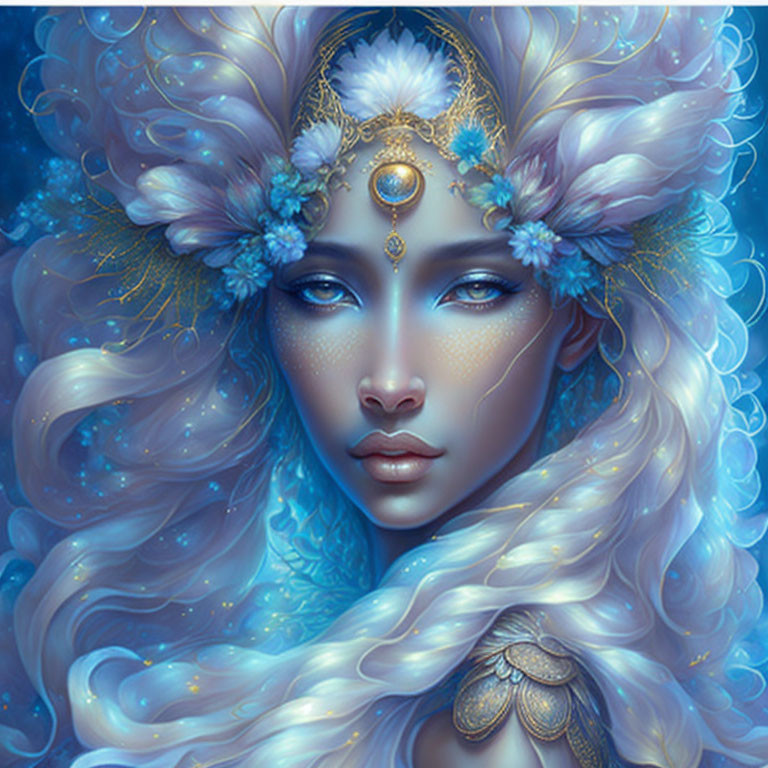 Elaborate Blue and White Hair Fantasy Portrait