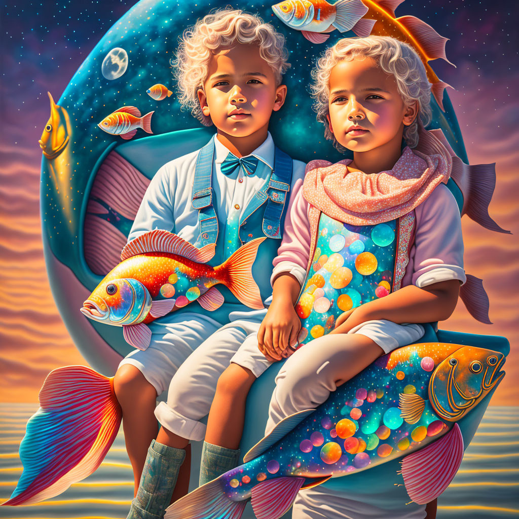 Curly-haired children with fish rod in stylish attire surrounded by large fish in surreal underwater setting