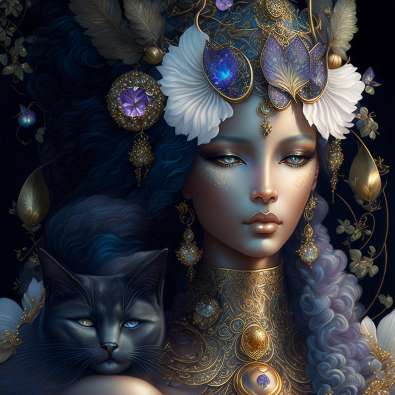 Elaborate Blue and Gold Headpiece Woman Portrait with Black Cat