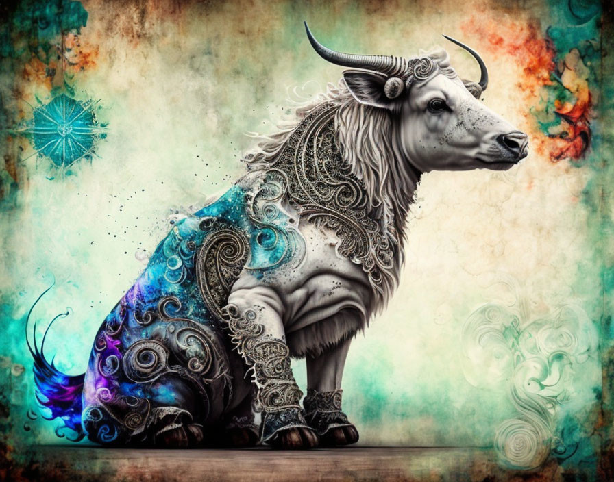 Ornate swirling patterns on bull against colorful background