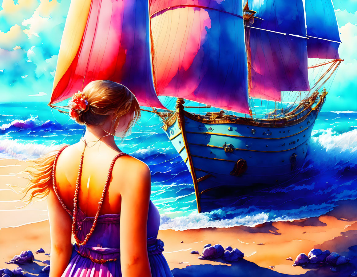 Woman in purple dress admires vibrant sailboat on sunny beach