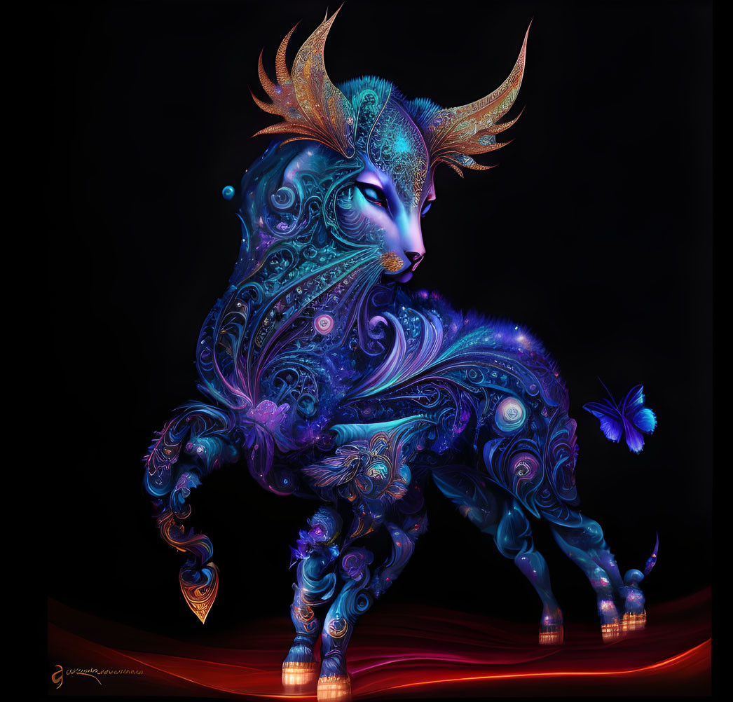 Luminous blue ram with swirling patterns and butterfly on dark background