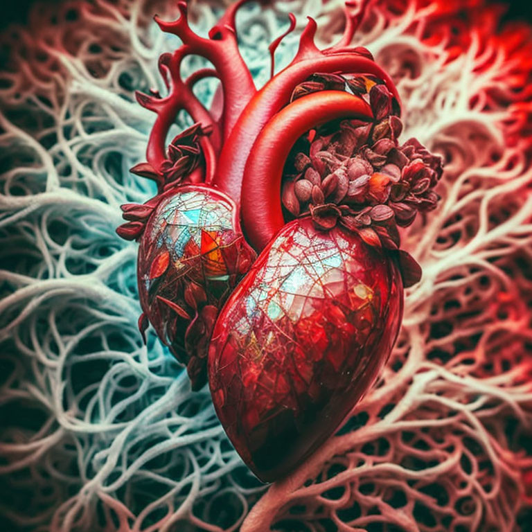 Vividly textured human heart art with abstract fibrous structures