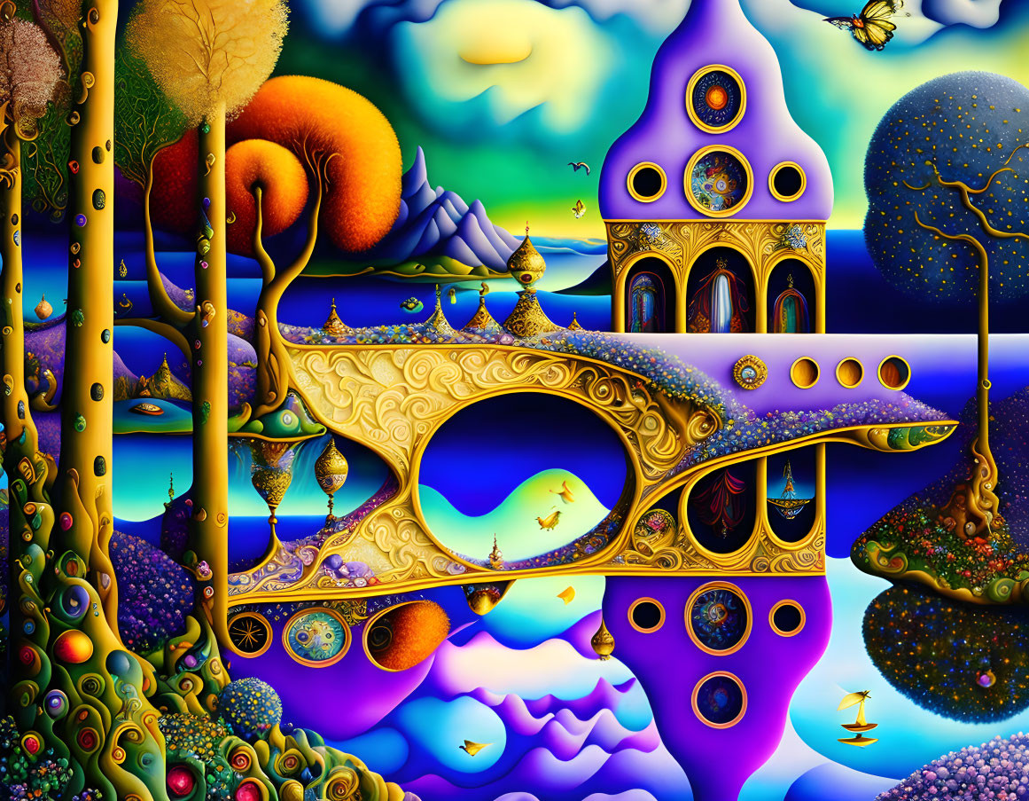 Surreal landscape with whimsical structures and floating islands