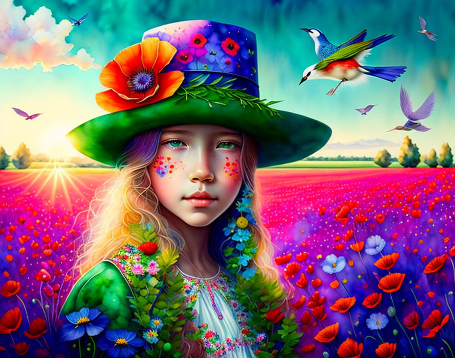 Vibrant illustration: girl in floral hat in colorful field with birds
