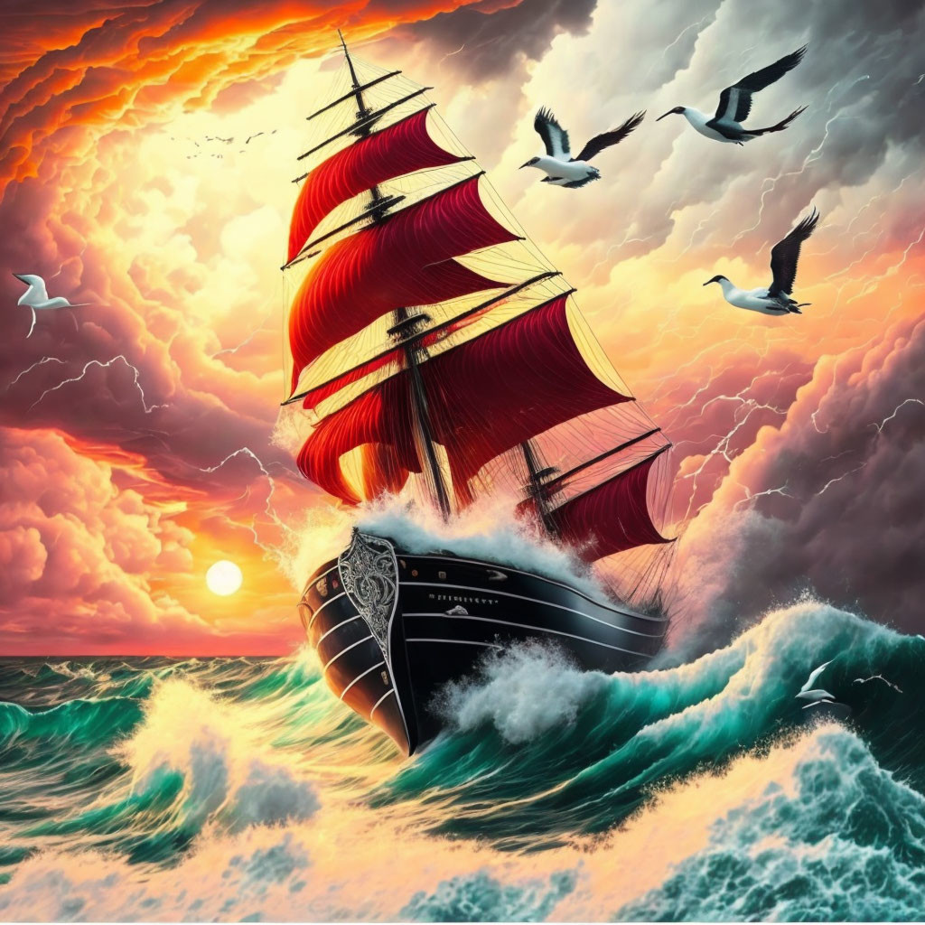 Majestic ship with red sails on tumultuous waves at sunset