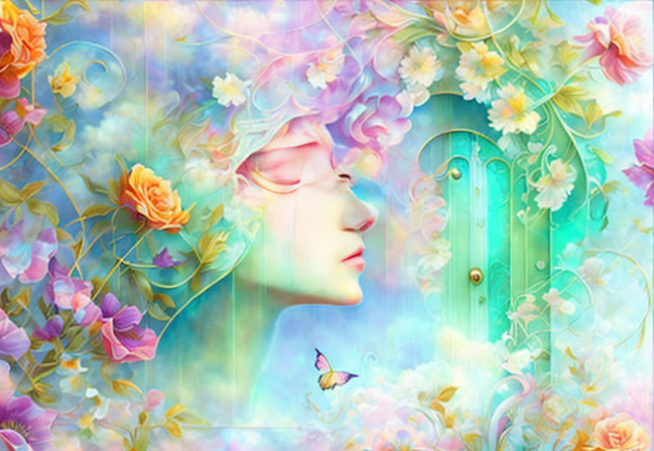 Digital artwork: Woman's face with flowers and butterfly