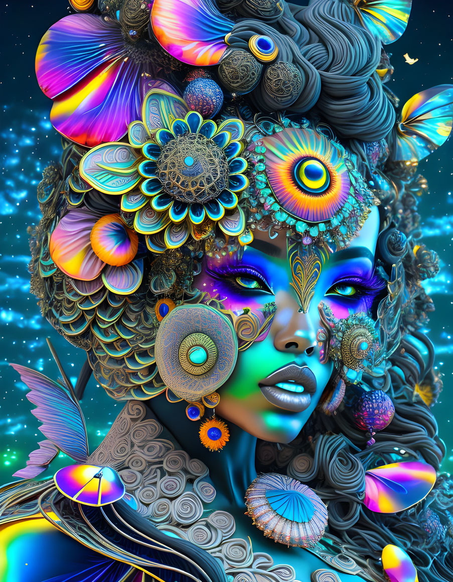 Colorful psychedelic portrait of a woman with butterflies and floral motifs