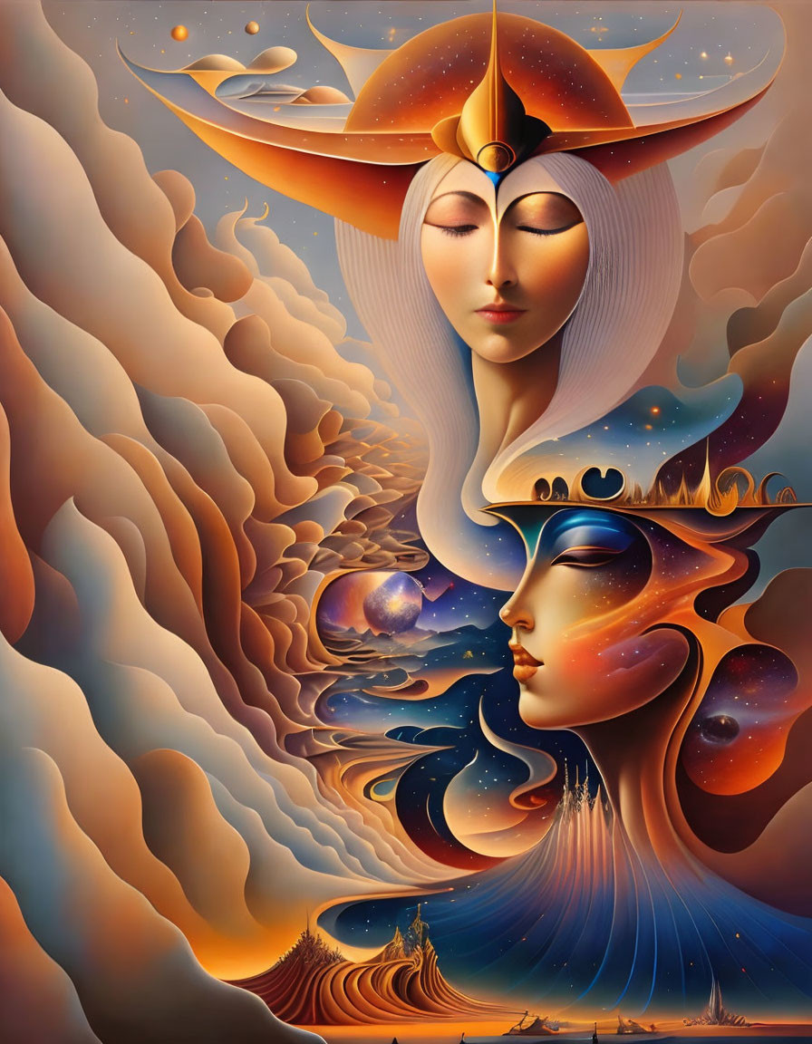 Surreal art: Two stylized faces in golden clouds with celestial elements