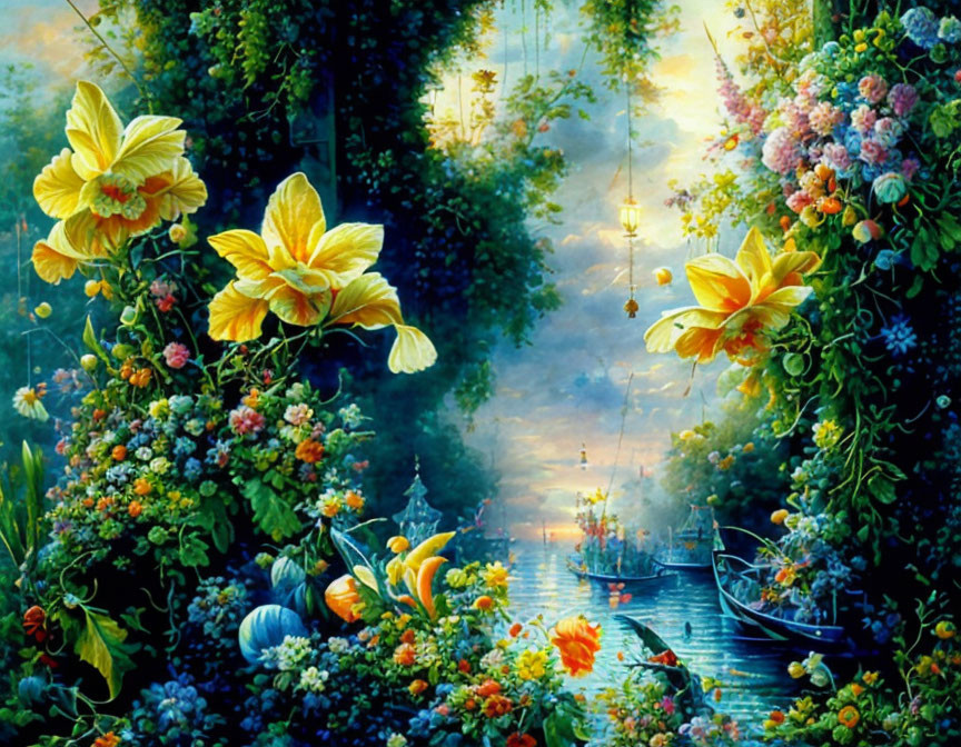 Lush garden painting: yellow flowers, boats on tranquil river