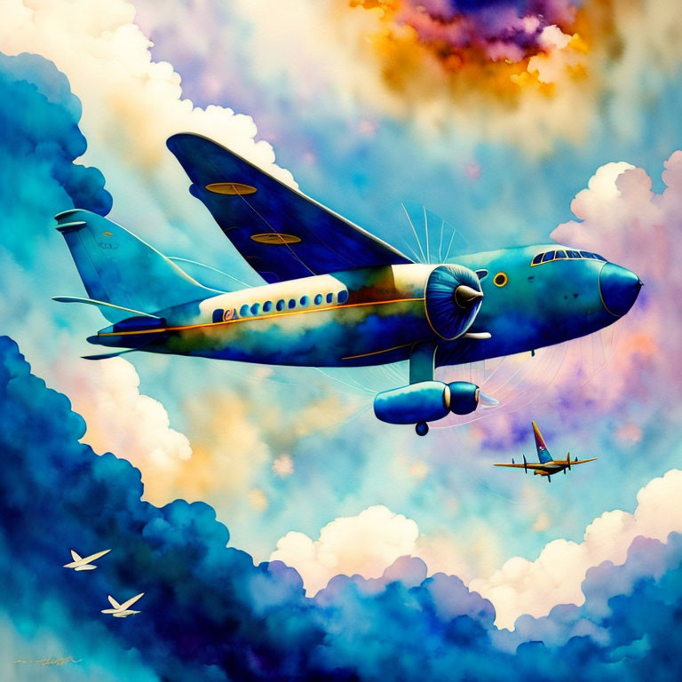 Vintage plane flying among whimsical clouds with smaller planes and birds.