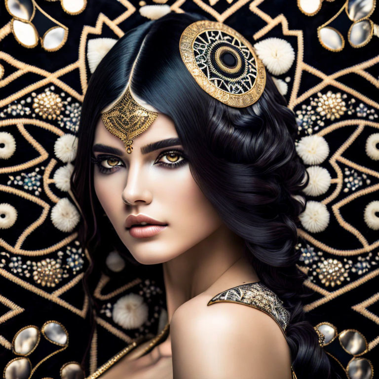 Black-haired woman with gold jewelry and intricate makeup on geometric background