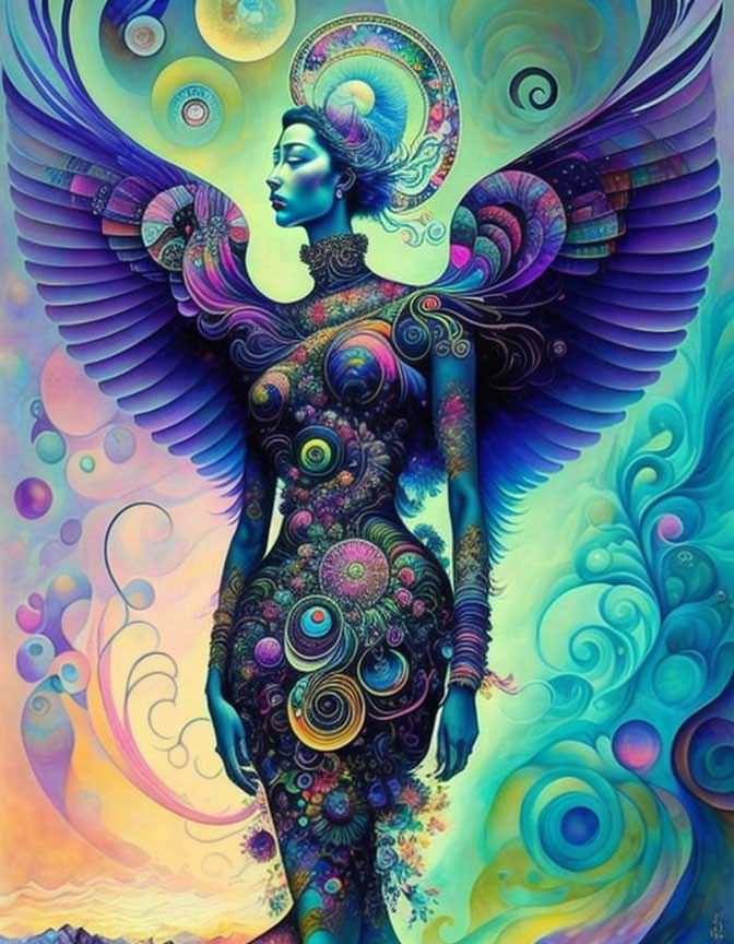 Colorful Artwork Featuring Woman with Elaborate Wings and Psychedelic Designs