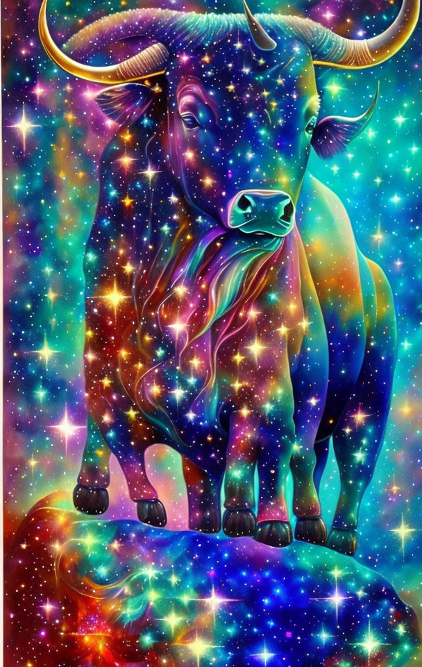 Colorful cosmic bull with starry space backdrop in blues and purples