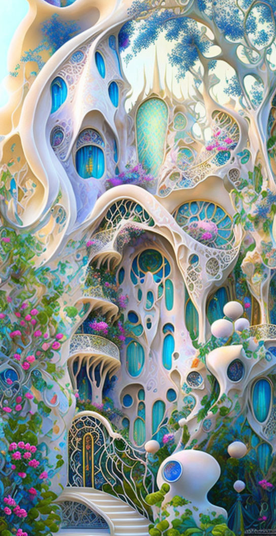 Fantastical organic structure with vibrant flowers in enchanted forest