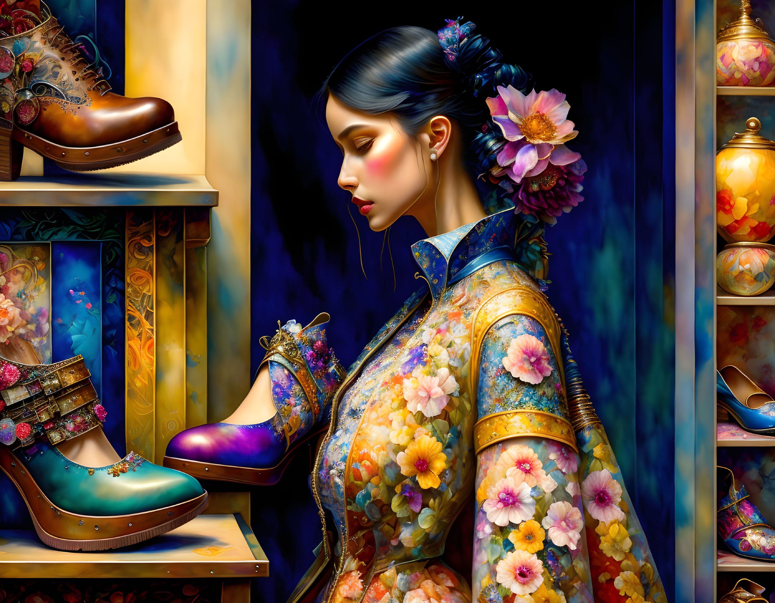 Digital artwork: Woman in floral attire with vibrant boots and ornate jars