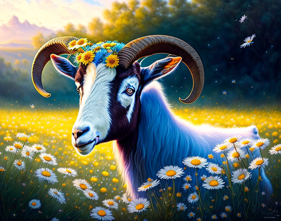 Vibrant goat with flower crown in daisy field at sunset