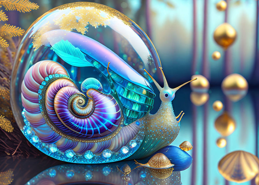 Colorful Snail Artwork with Spiraled Shell in Bubble Environment