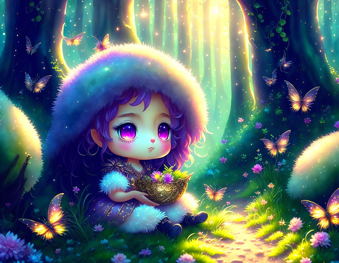 Digital artwork featuring animated character in enchanted forest with butterflies and nest.