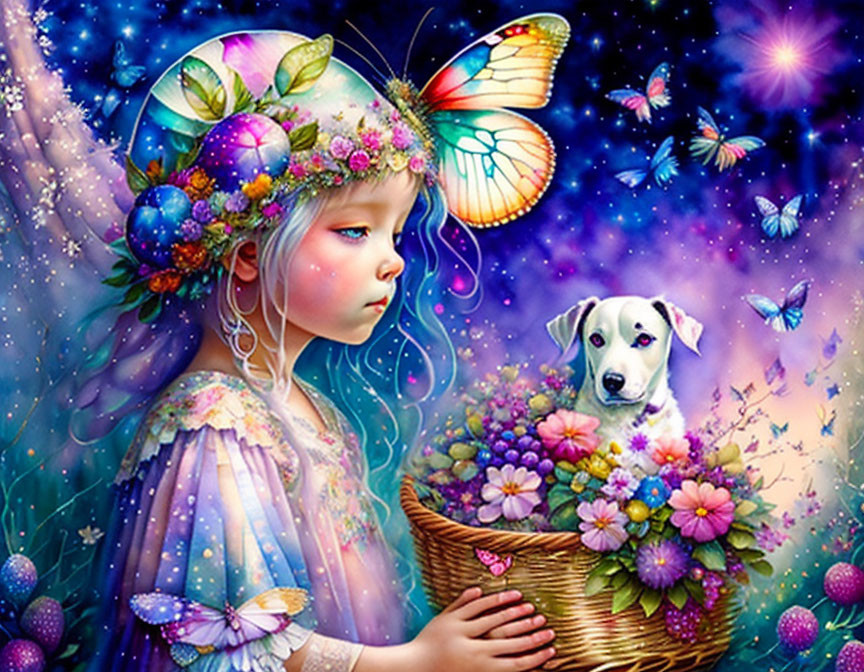 Whimsical girl with floral hat and puppy in basket surrounded by butterflies