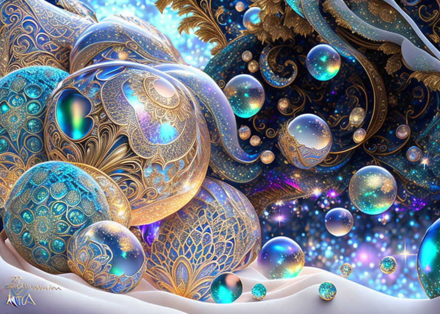 Fantasy Scene: Ornate Jeweled Eggs and Spheres with Cosmic Designs