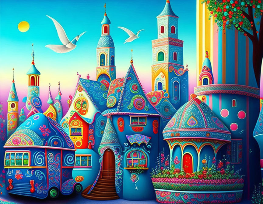 Whimsical Landscape with Colorful Fairy-Tale Houses
