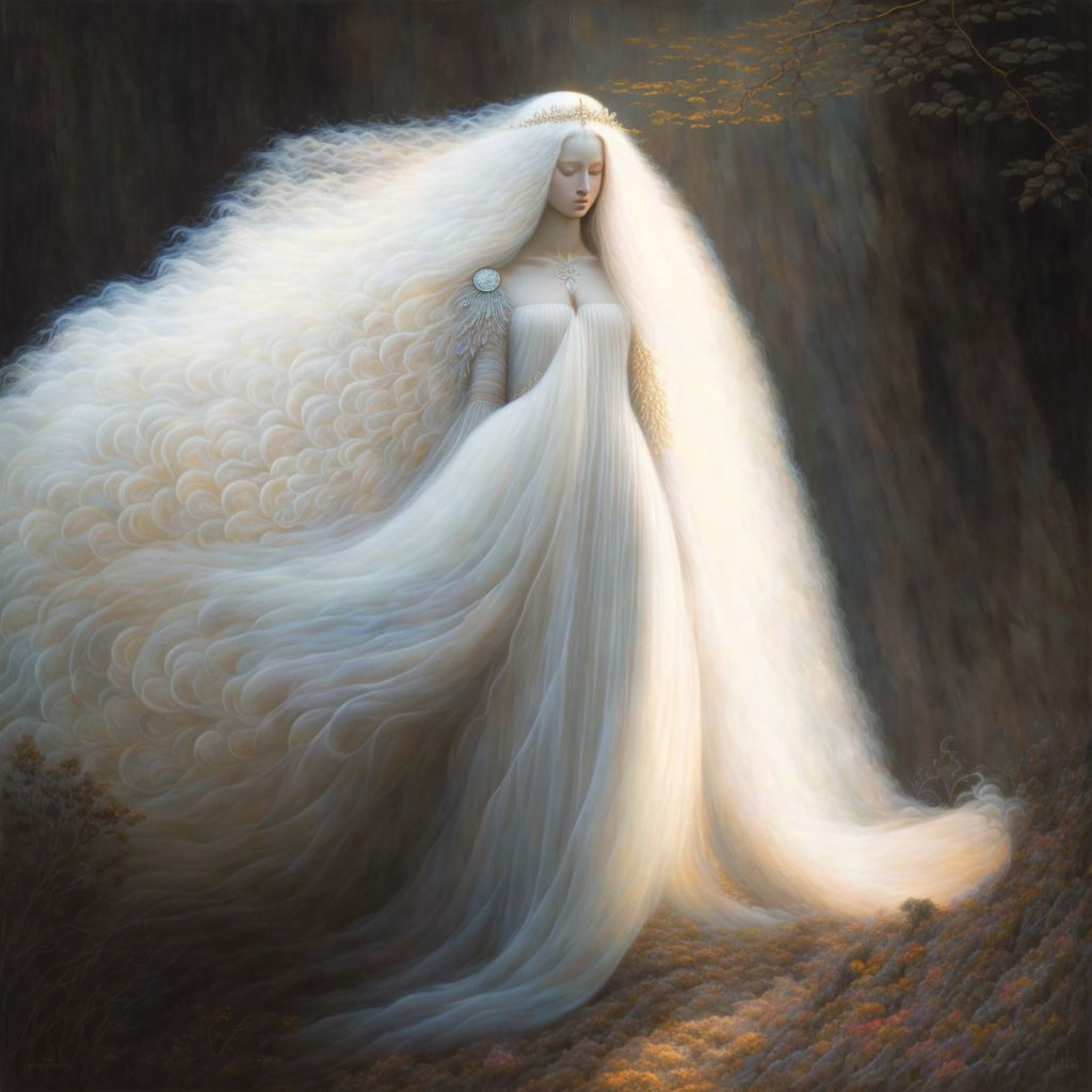 Woman with Long White Hair in Forest Setting