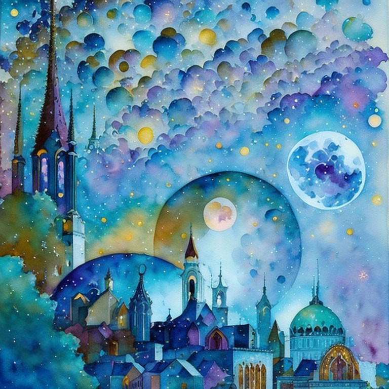 Colorful Watercolor Painting: Whimsical Cityscape Night Scene