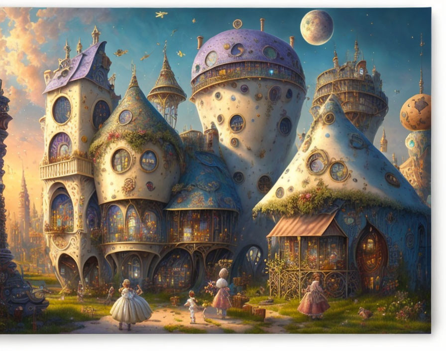 Whimsical village with orb-shaped buildings and floating islands