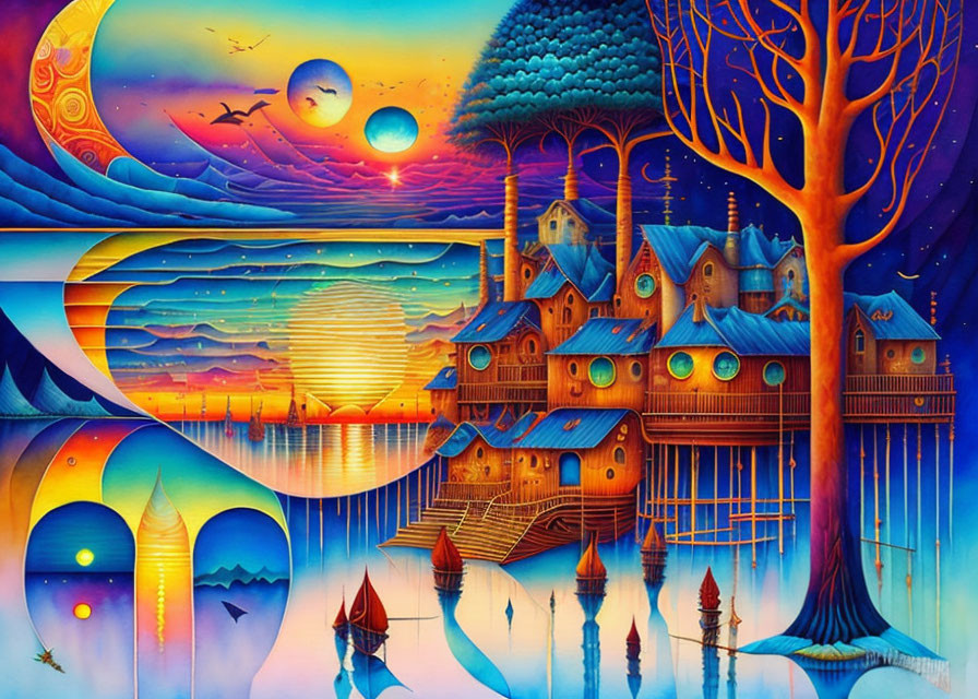 Colorful surreal landscape with treehouse village, lake, sailboats, and celestial sky