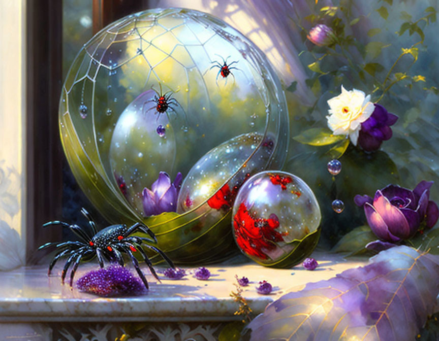 Fantasy art: shiny orbs, delicate spiders, colorful flowers near window with cobweb