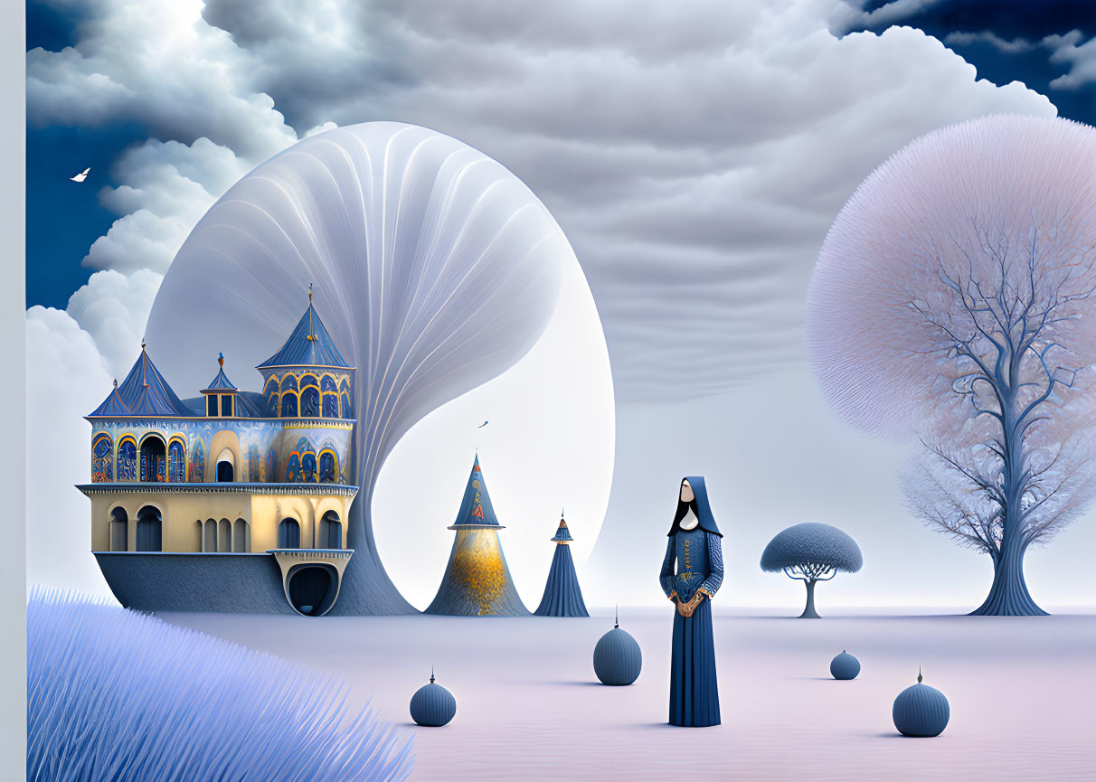 Surreal Landscape with Woman in Blue Gown and Castle