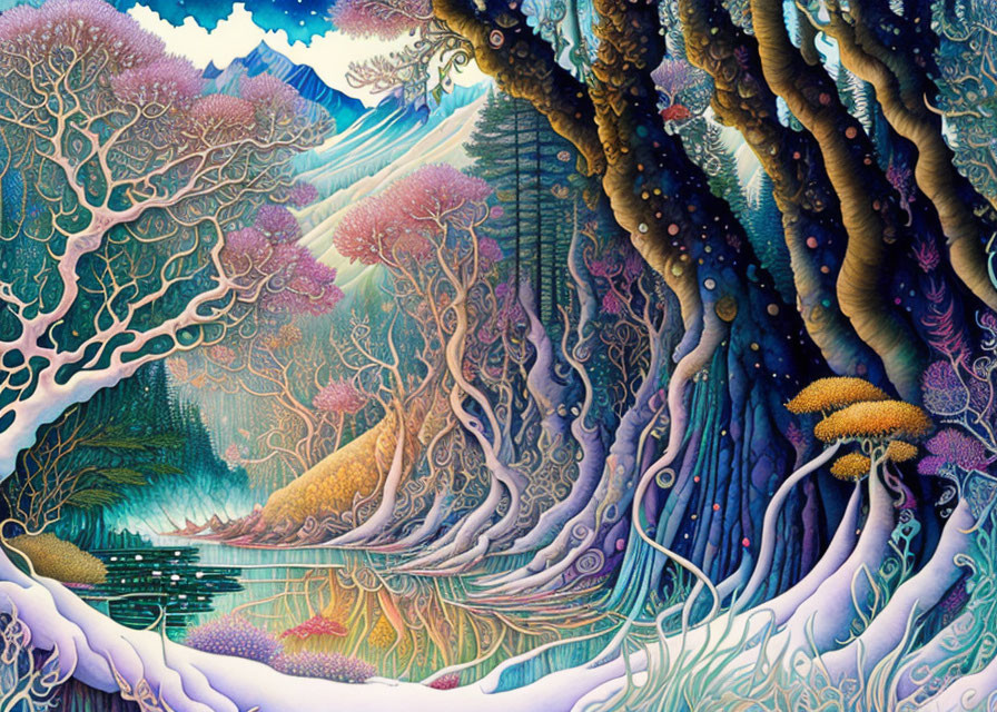 Vibrant fantasy landscape with intricate trees, serene lake, colorful vegetation, and mountain backdrop