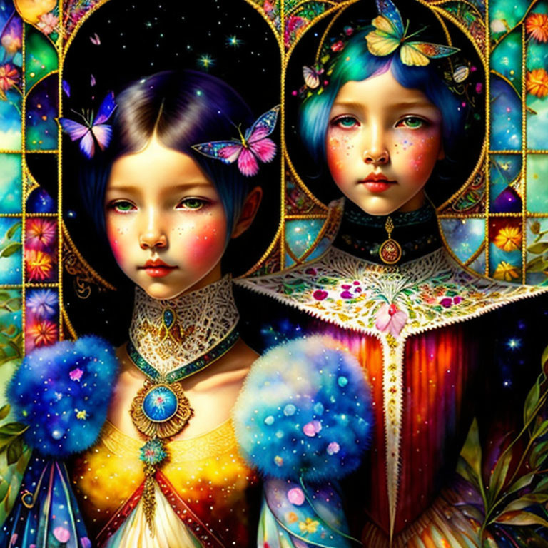 Colorful cosmic hair stylized girls with nature-themed garments and vibrant butterflies.