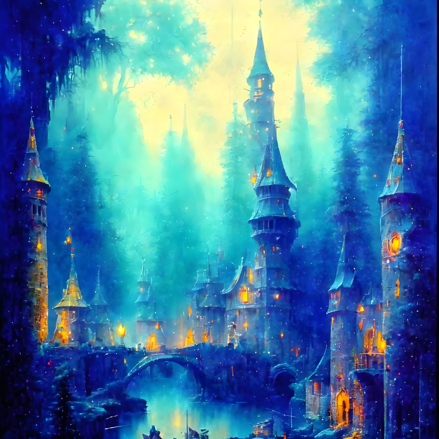 Enchanted Castle Painting with Towering Spires and Ethereal Blue Lighting