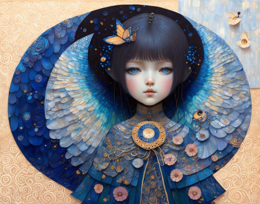 Detailed illustration: Girl with intricate blue wings and butterflies, dreamy ambiance