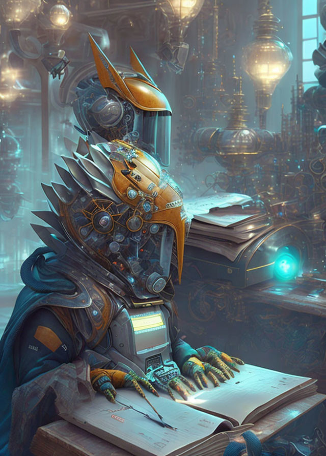 Futuristic knight in ornate armor studying among advanced machinery