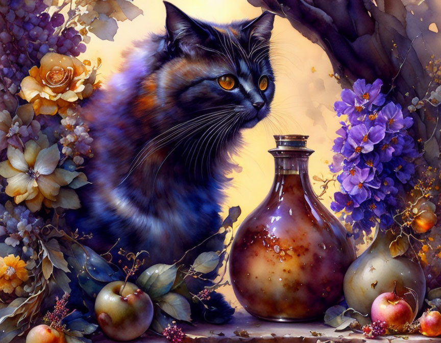 Fluffy cat with copper vase, apples, and purple flowers in vibrant, mystical scene