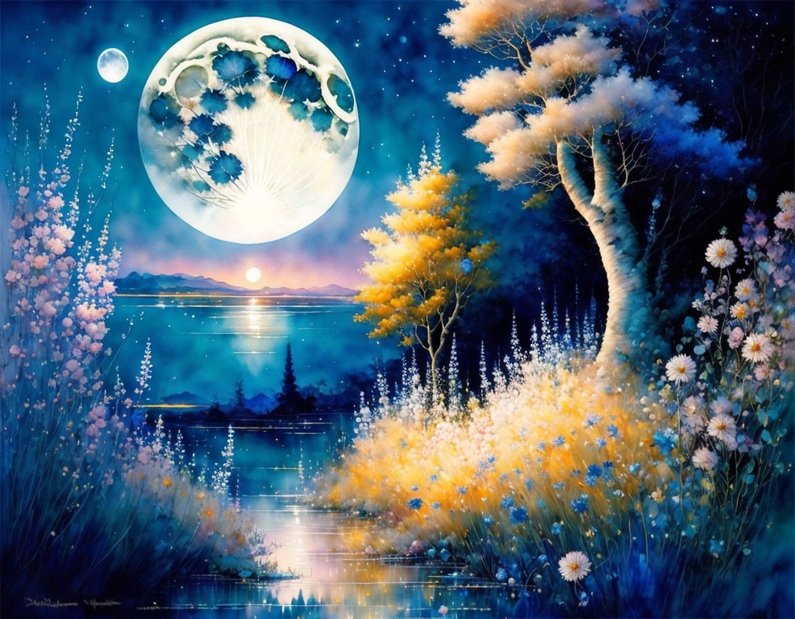 Serene Landscape with Full Moon and Tranquil River