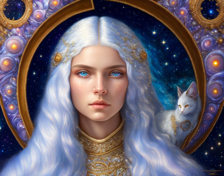 Digital artwork of woman with white hair and blue eyes next to white cat in cosmic setting.