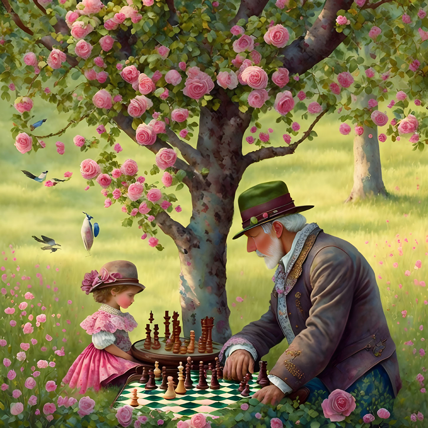 Elderly man and young girl playing chess in serene meadow surrounded by blossoming tree, roses