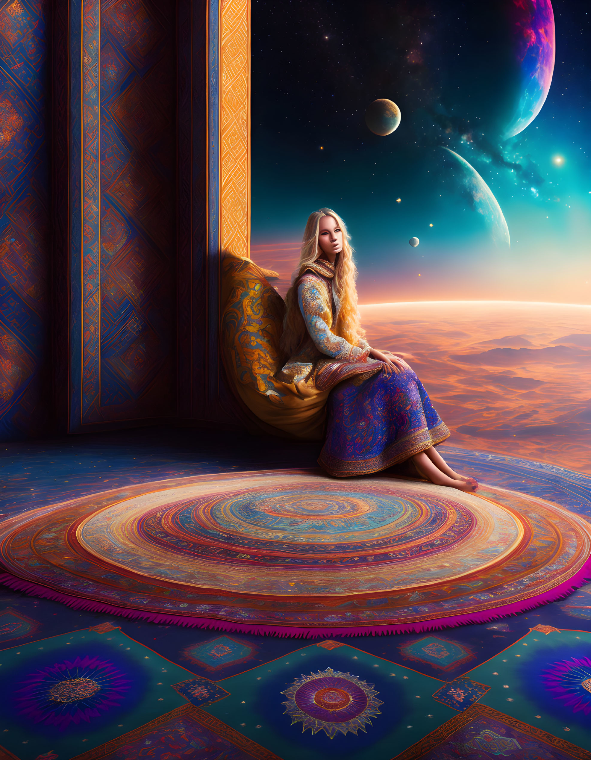 Woman sitting by open door overlooking surreal landscape with vibrant sky and planets.