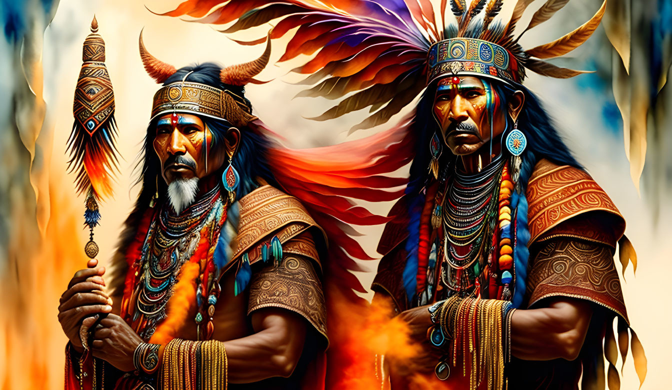 Native American characters in traditional attire with headdresses against fiery phoenix backdrop