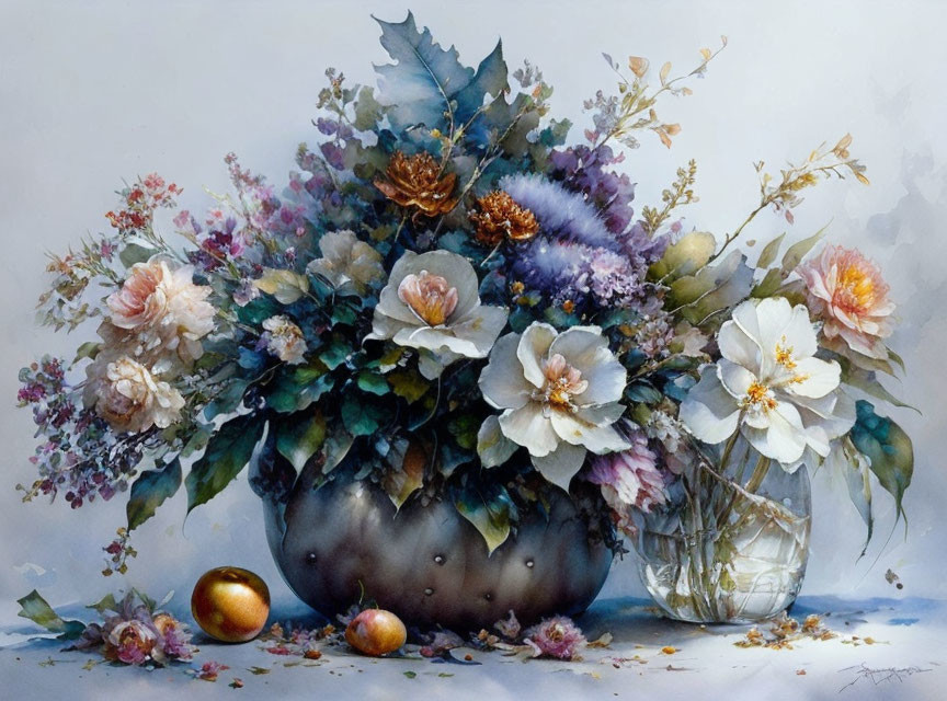 Watercolor painting of bouquet, dark vase, scattered petals, golden eggs