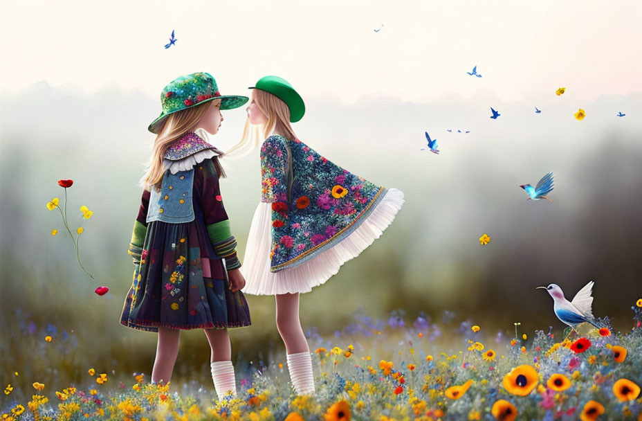 Young girls in floral dresses and green hats in flower field with flying birds