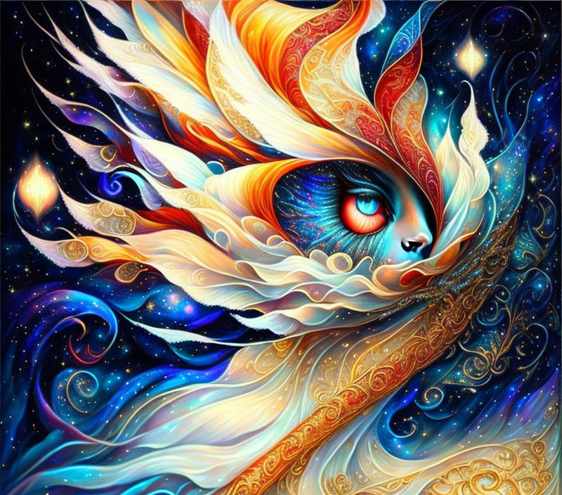 Fantasy illustration of blue-eyed creature with fiery plumage on starry backdrop