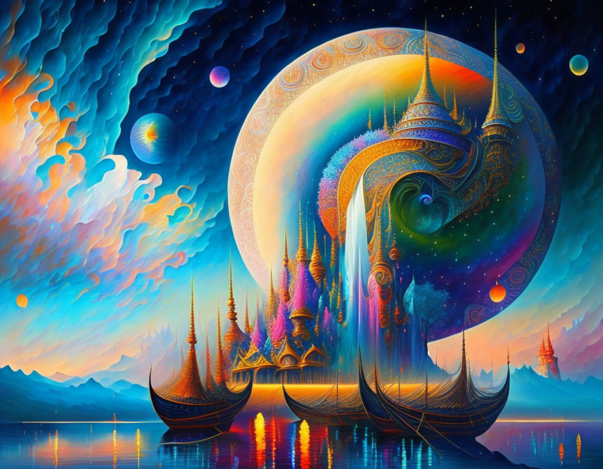 Surreal artwork: Intricate palace with spires, waterfalls, celestial sky