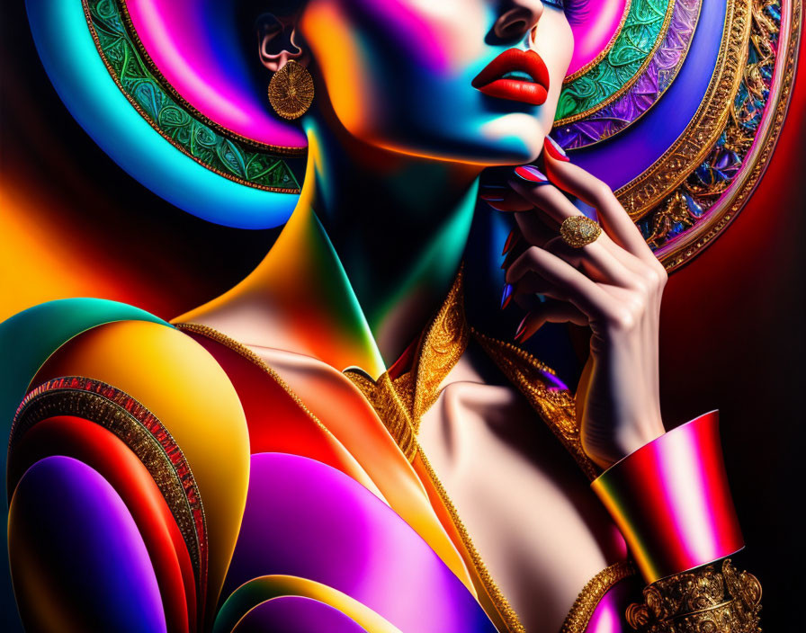 Colorful digital portrait of a woman with abstract patterns, bold makeup, and jewelry on dark backdrop