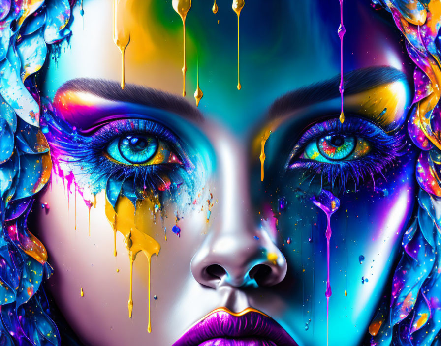 Colorful Artwork: Close-Up of Woman's Face with Striking Blue Eyes